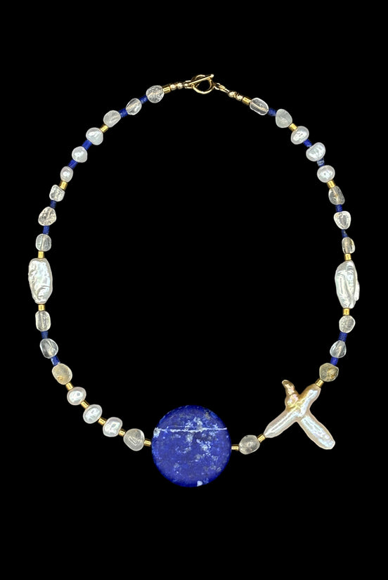 Lapis Lazuli Topaz Baroque Pearl Beaded Necklace — Object of Power, Royal Blue Period No. 1 | M.M. Artifacts