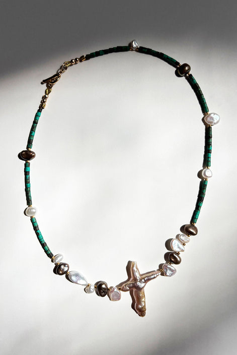 Turquoise Baroque Pearl Beaded Necklace — Specimen: Desert Stone with Ocean Pearl No. 12 | M.M. Artifacts