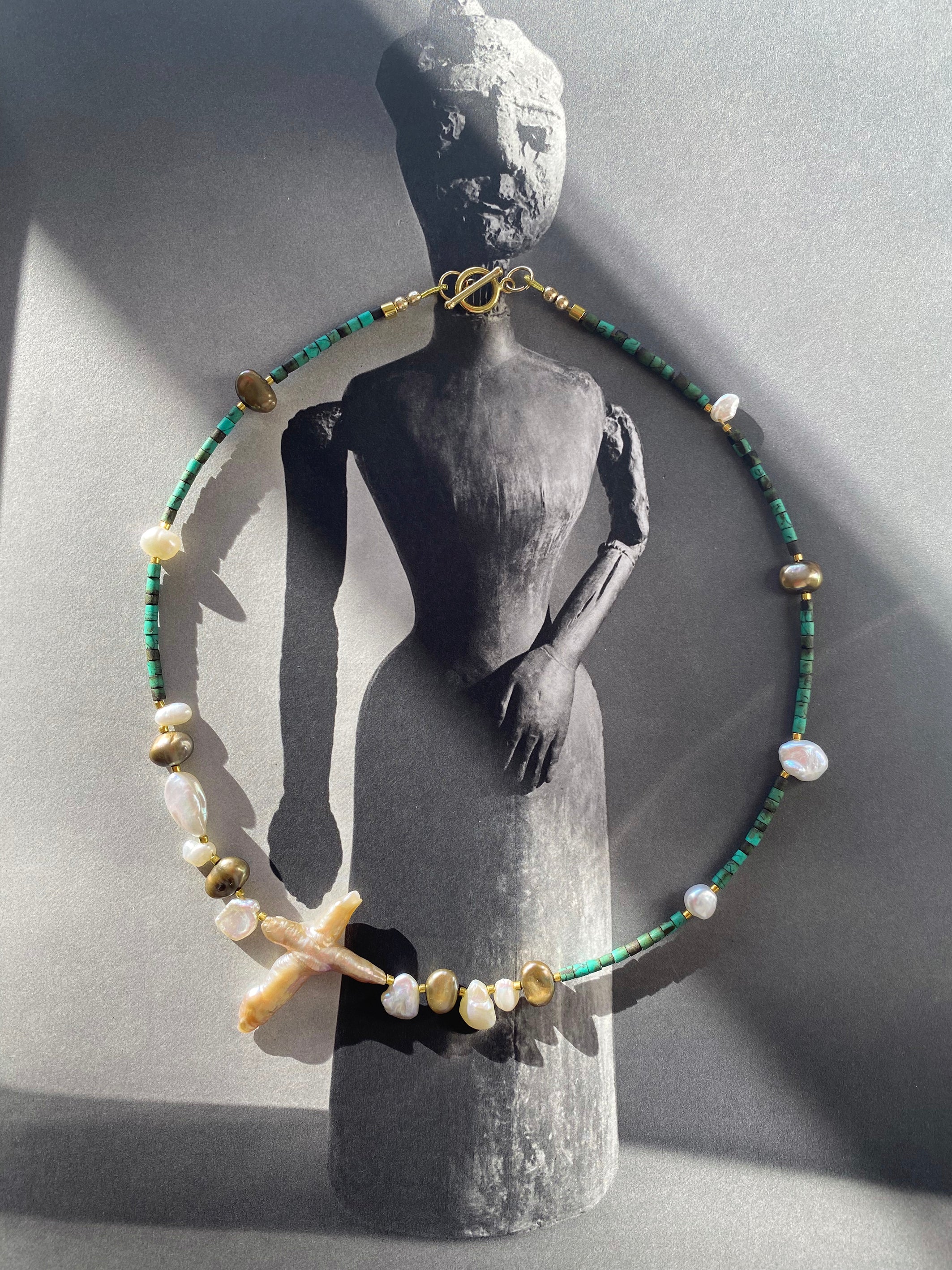 Turquoise Baroque Pearl Beaded Necklace — Specimen: Desert Stone with Ocean Pearl No. 12 | M.M. Artifacts