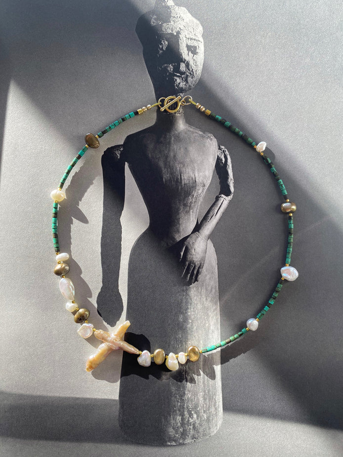 Turquoise Baroque Pearl Beaded Necklace — Specimen: Desert Stone with Ocean Pearl No. 12 | M.M. Artifacts