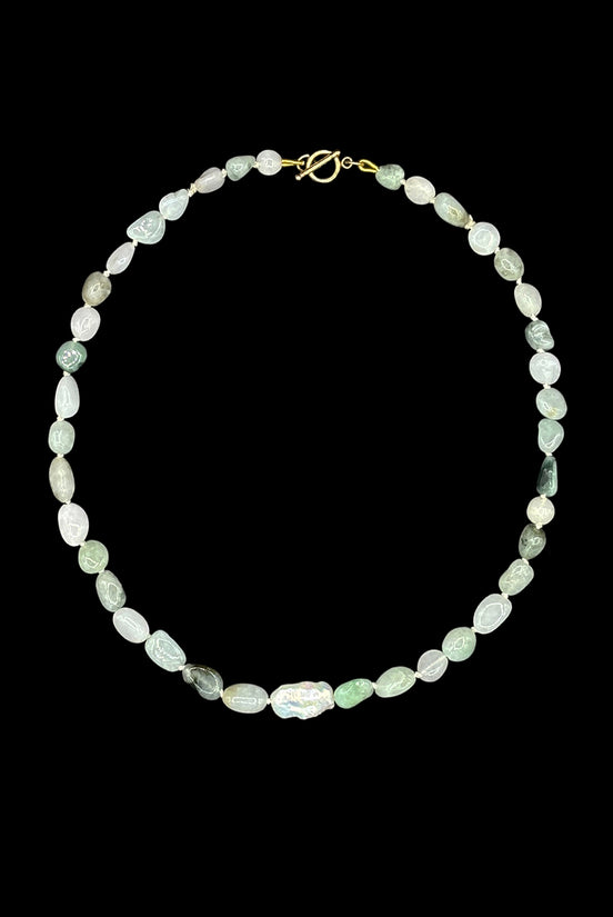 Green Jade Freshwater Pearl Beaded Necklace — Specimen: Pale Jade with Single Baroque Moon No. 13 | M.M. Artifacts