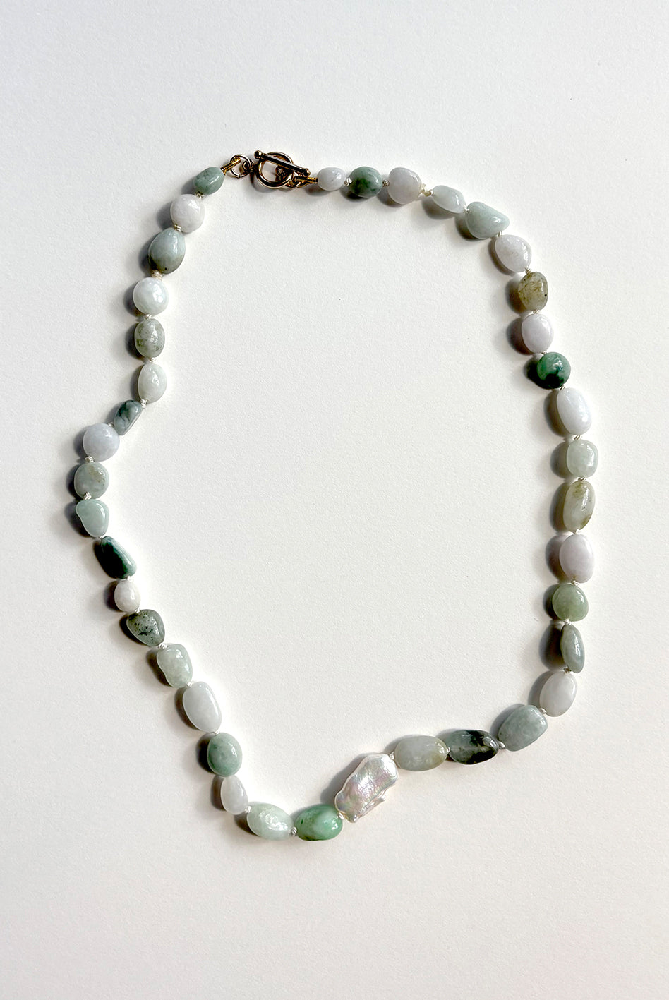 Green Jade Freshwater Pearl Beaded Necklace — Specimen: Pale Jade with Single Baroque Moon No. 13 | M.M. Artifacts