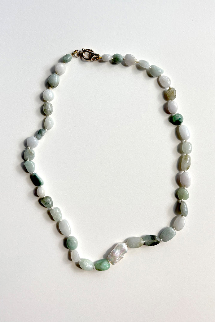 Green Jade Freshwater Pearl Beaded Necklace — Specimen: Pale Jade with Single Baroque Moon No. 13 | M.M. Artifacts
