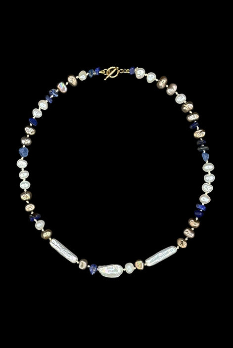 Baroque Pearl Lapis Lazuli Beaded Necklace — Study in Pearl and Lapis: Three Movements No. 2 | M.M. Artifacts