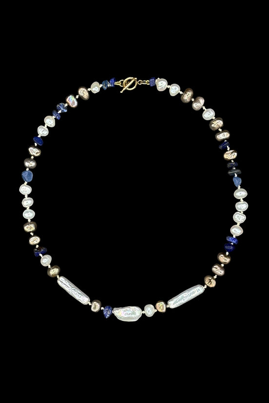Baroque Pearl Lapis Lazuli Beaded Necklace — Study in Pearl and Lapis: Three Movements No. 2 | M.M. Artifacts