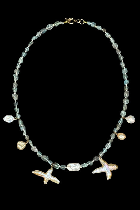 Blue Apatite Freshwater Pearl Beaded Necklace — Study in Apatite and Suspended Pearl No. 4 | M.M. Artifacts