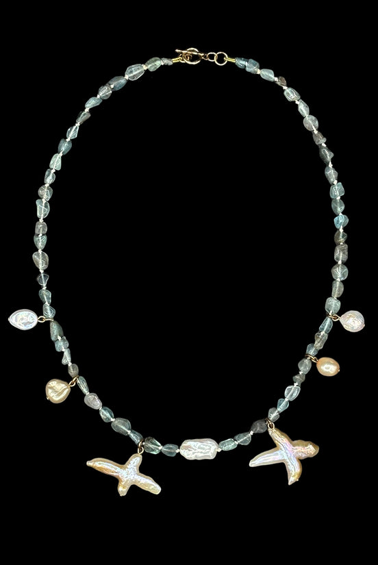 Blue Apatite Freshwater Pearl Beaded Necklace — Study in Apatite and Suspended Pearl No. 4 | M.M. Artifacts