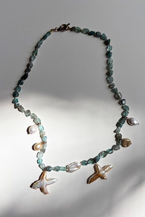 Blue Apatite Freshwater Pearl Beaded Necklace — Study in Apatite and Suspended Pearl No. 4 | M.M. Artifacts