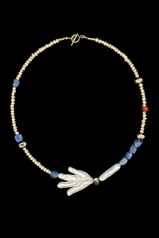 Blue Kyanite Freshwater Pearl Beaded Necklace — Fragment: Votive Hand, Sea and Stone No. 5 | M.M. Artifacts