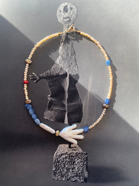 Blue Kyanite Freshwater Pearl Beaded Necklace — Fragment: Votive Hand, Sea and Stone No. 5 | M.M. Artifacts