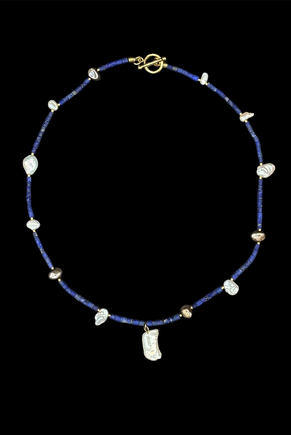 Lapis Lazuli Freshwater Pearl Beaded Charm Necklace — Blue Sequence No. 6 | M.M. Artifacts
