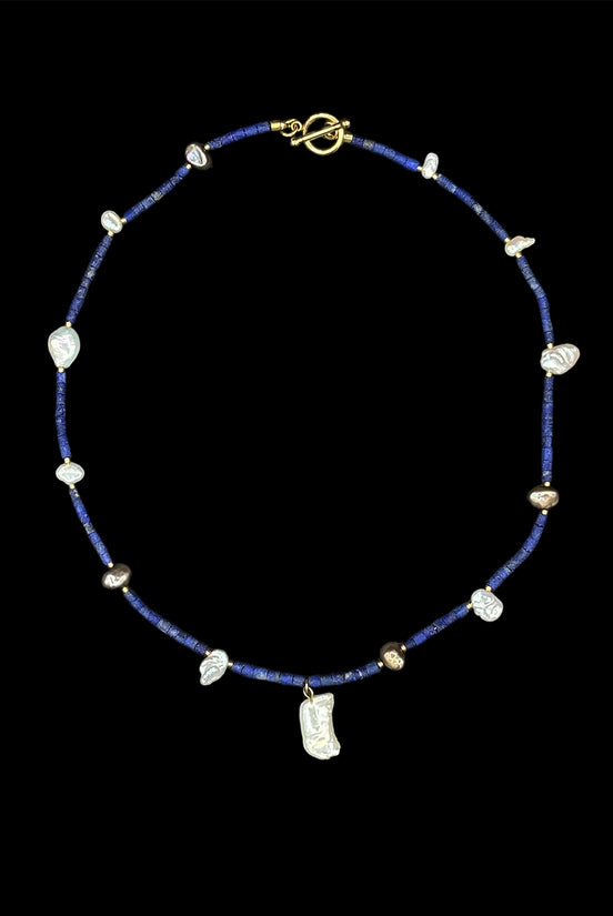 Lapis Lazuli Freshwater Pearl Beaded Charm Necklace — Blue Sequence No. 6 | M.M. Artifacts