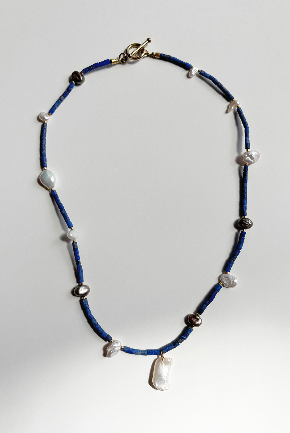 Lapis Lazuli Freshwater Pearl Beaded Charm Necklace — Blue Sequence No. 6 | M.M. Artifacts