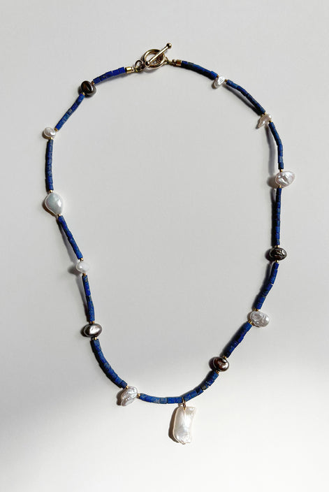 Lapis Lazuli Freshwater Pearl Beaded Charm Necklace — Blue Sequence No. 6 | M.M. Artifacts